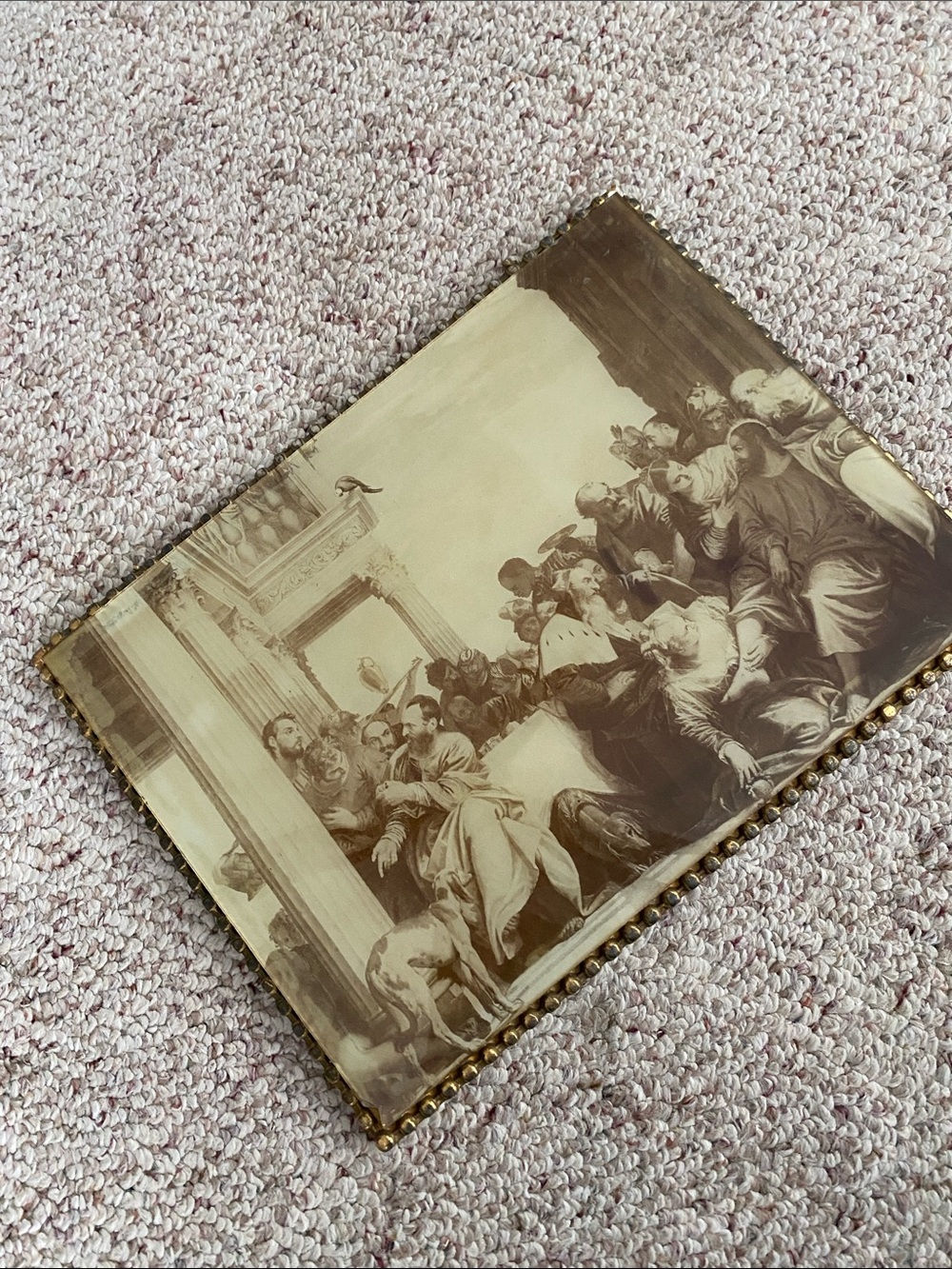 Vintage Sepia Religious Print Wall Art with Brass Stud Trim